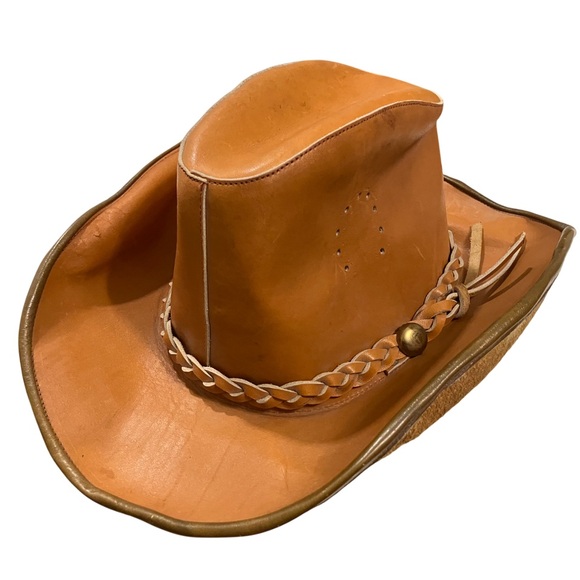 Other - Vintage 70s Brown Leather Braided Band Cowboy Hat Mens 7 Distressed